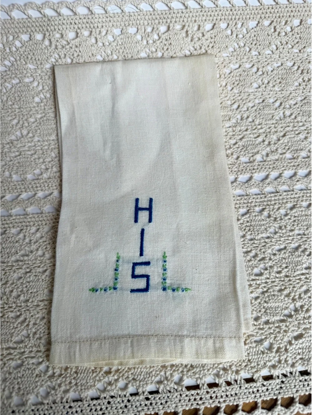 Vintage Embroidered Linen Guest Towels HIS & HERS Set of 2 Blue Green